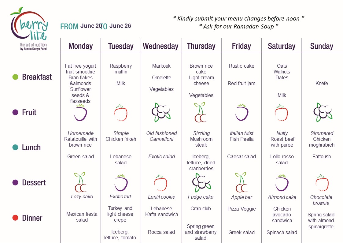 106- Berrylite menu June 20 till June 26