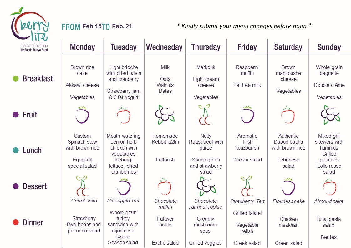 88- Berrylite menu Feb. 15 till Feb. 21