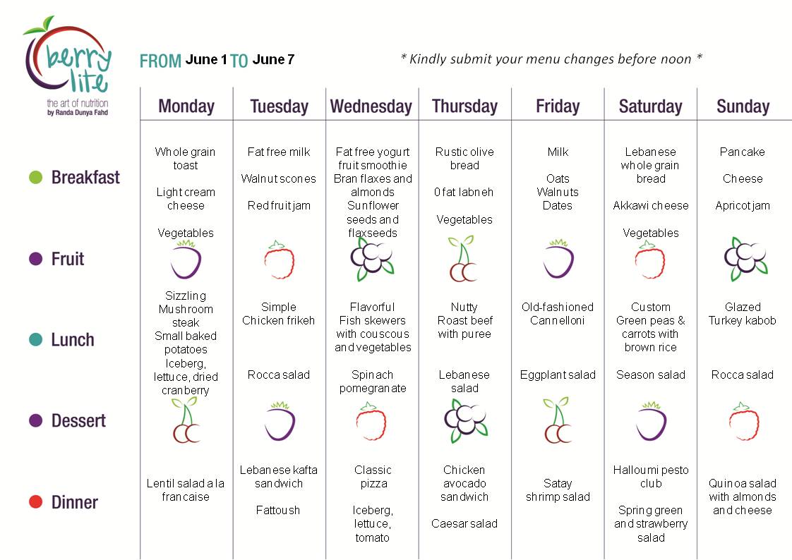 Berrylite menu June 1 till June 7