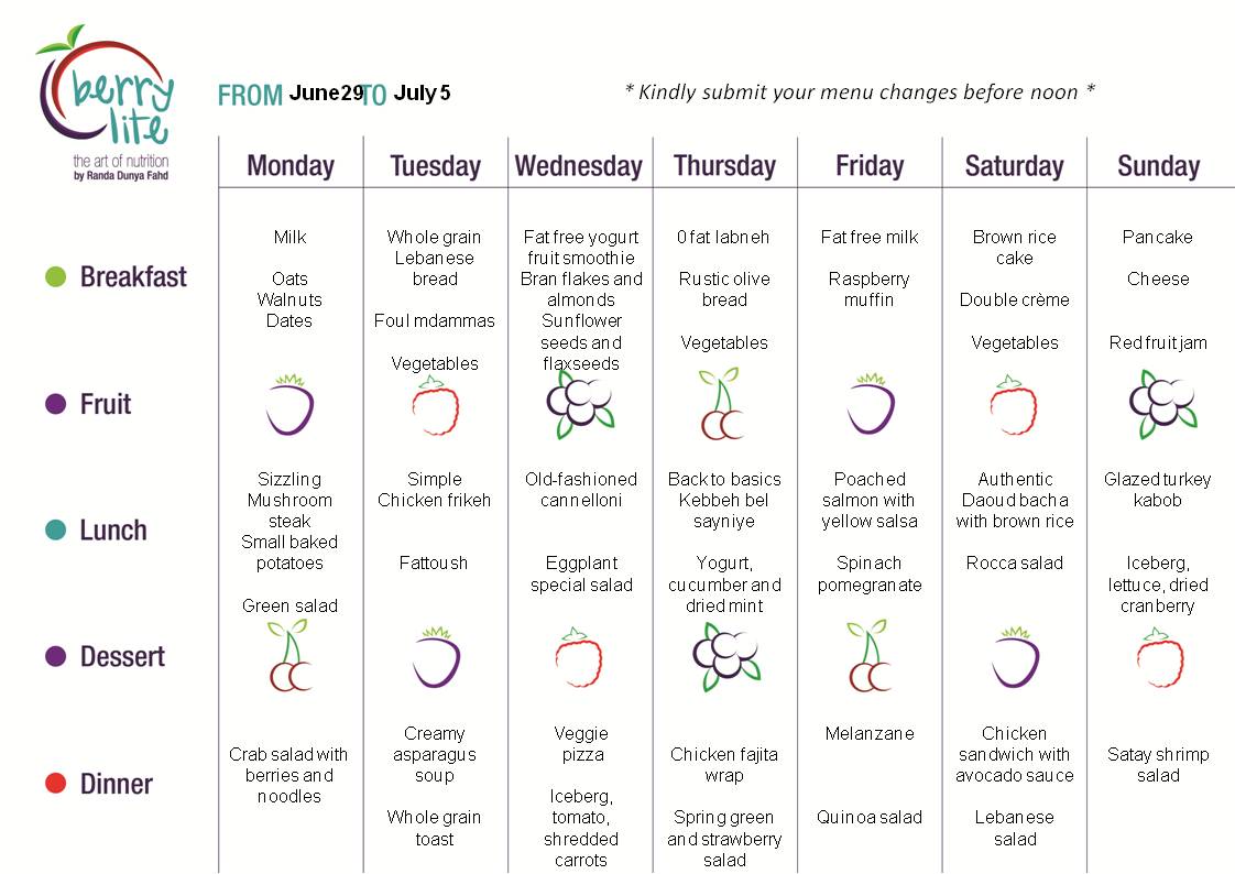 Berrylite menu June 29 till July 5