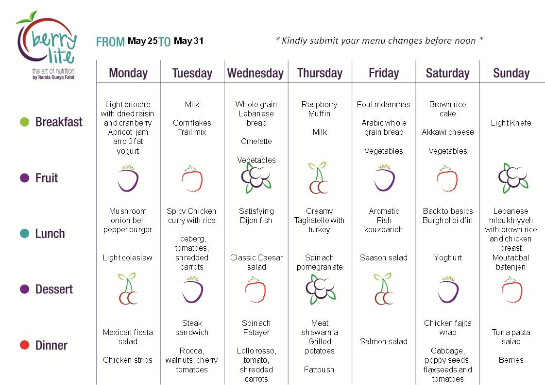 Berrylite menu May 25 till May 31